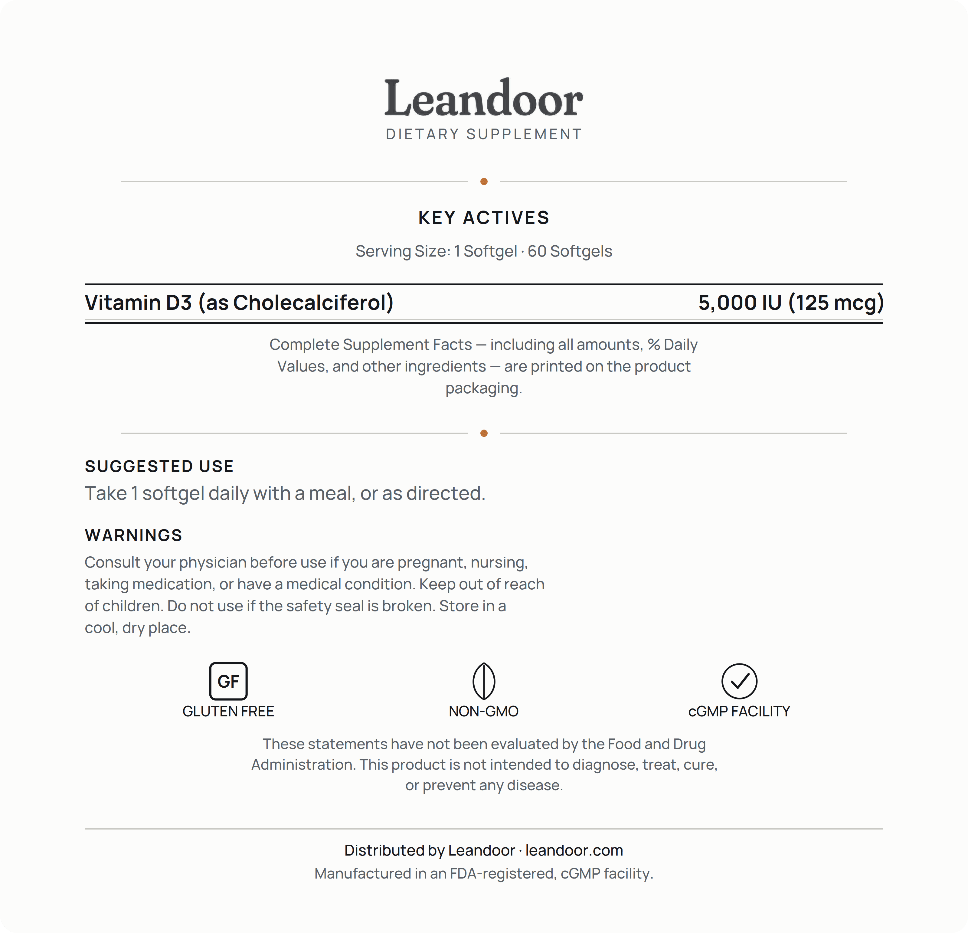 Leandoor Vitamin D3 5,000 IU · 60 — back label