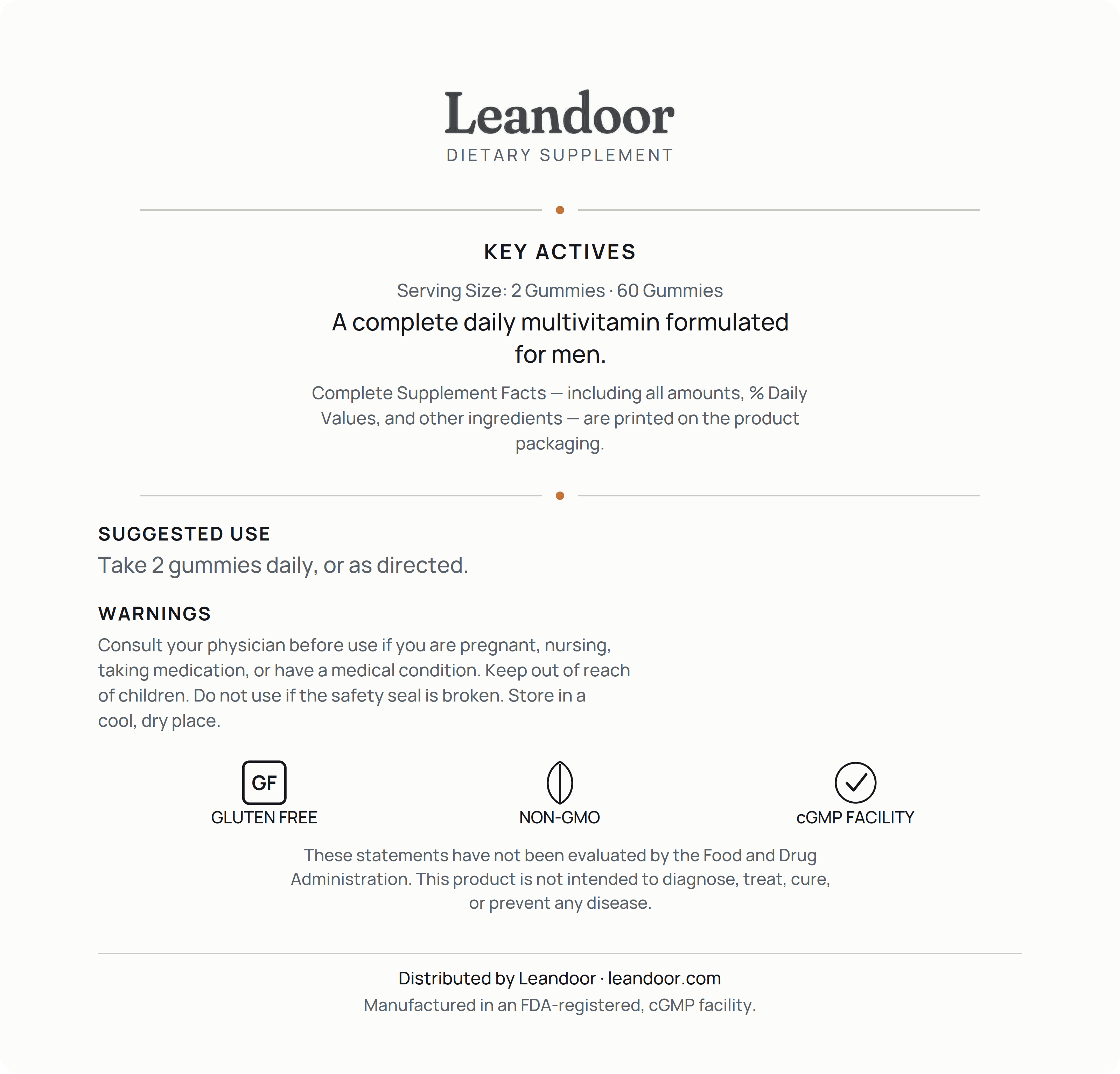 Leandoor Men's Multivitamin · 60 — back label