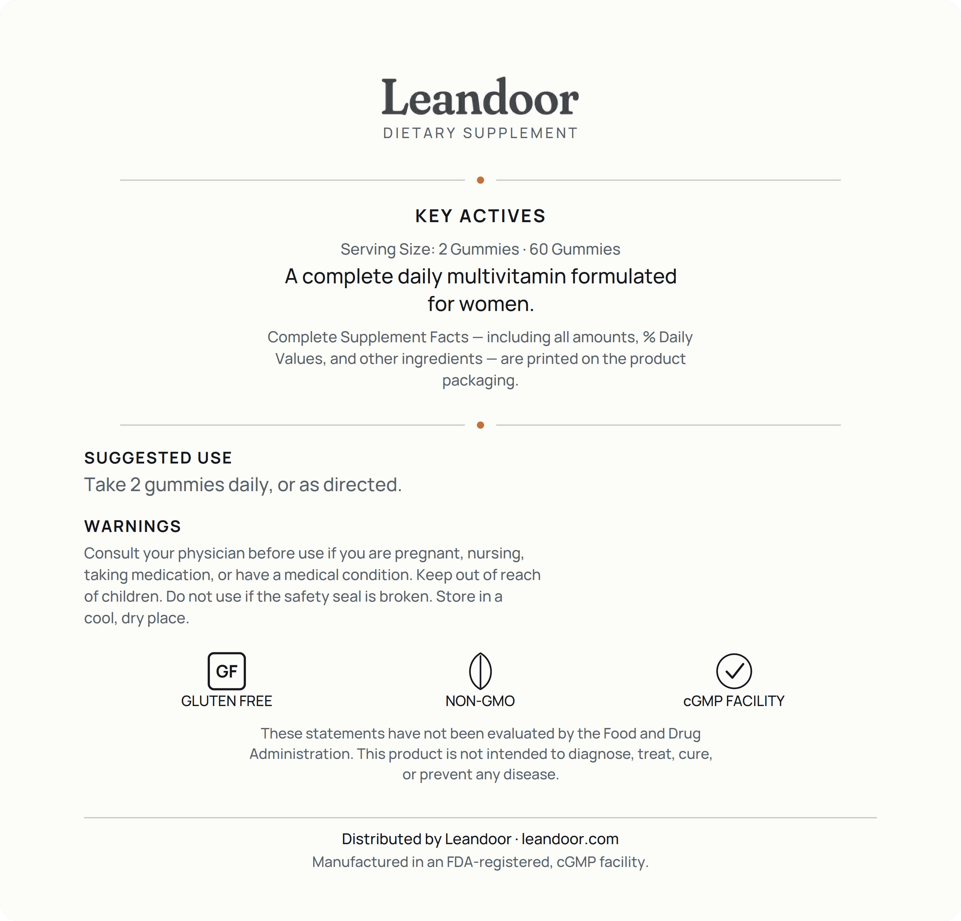 Leandoor Women's Multivitamin · 60 — back label