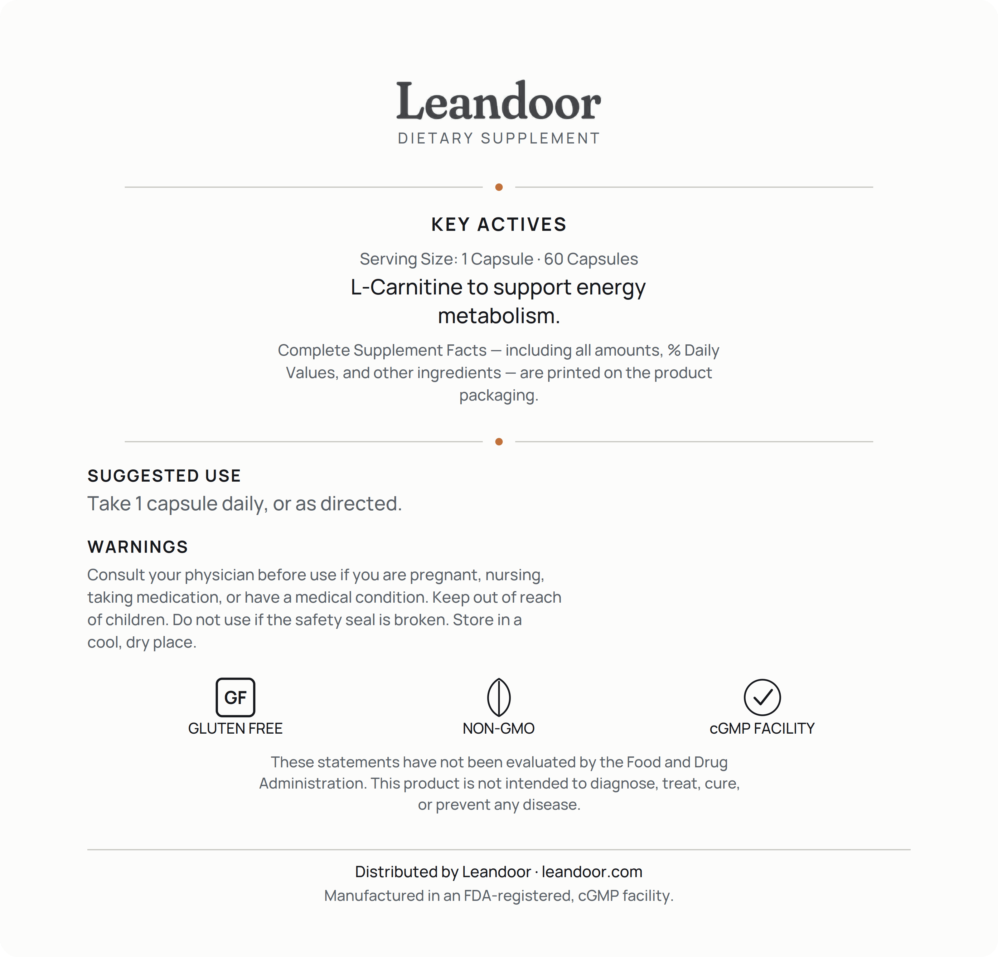 Leandoor L-Carnitine · 60 — back label