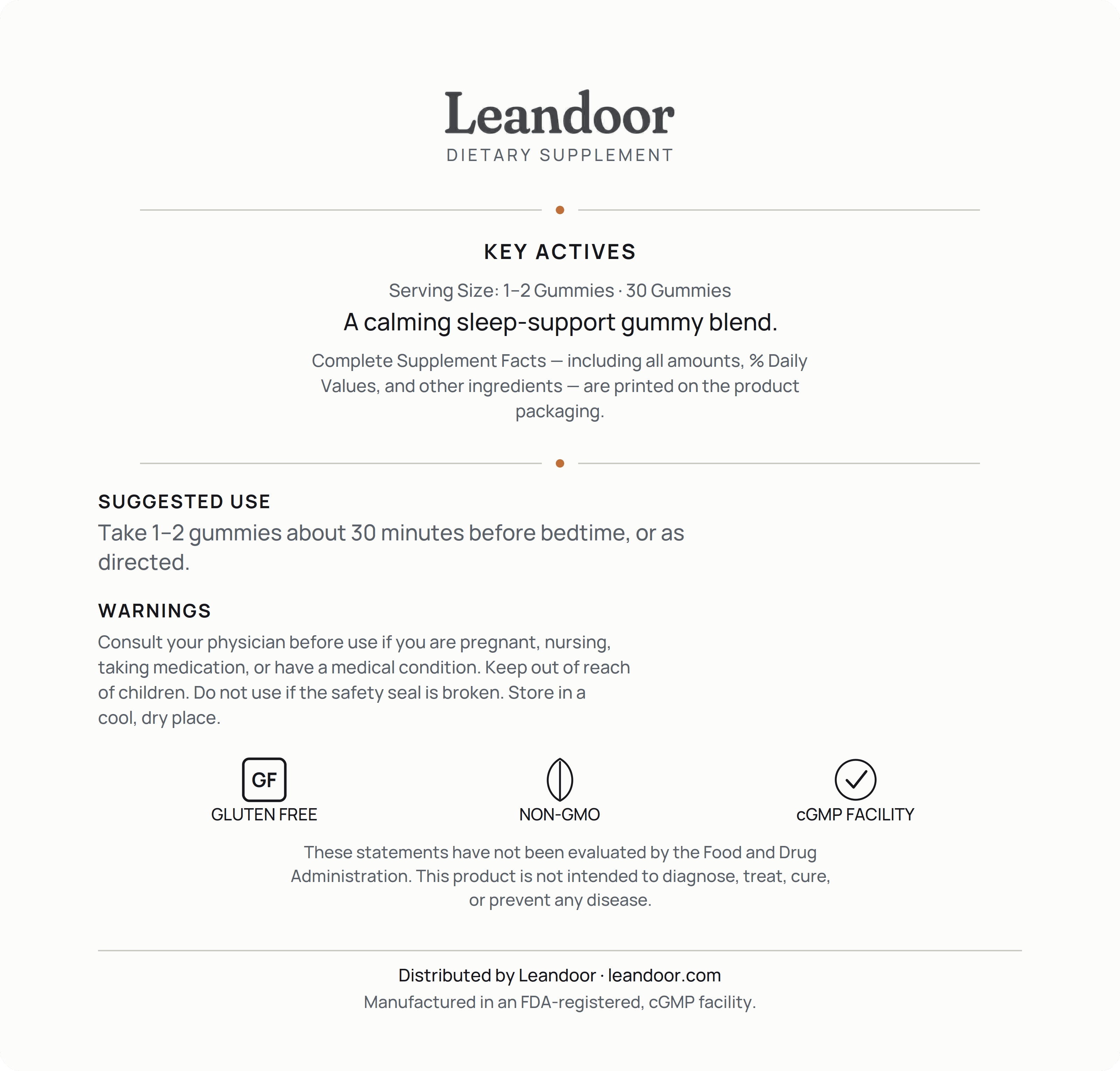 Leandoor Sleep Gummies · 30 — back label