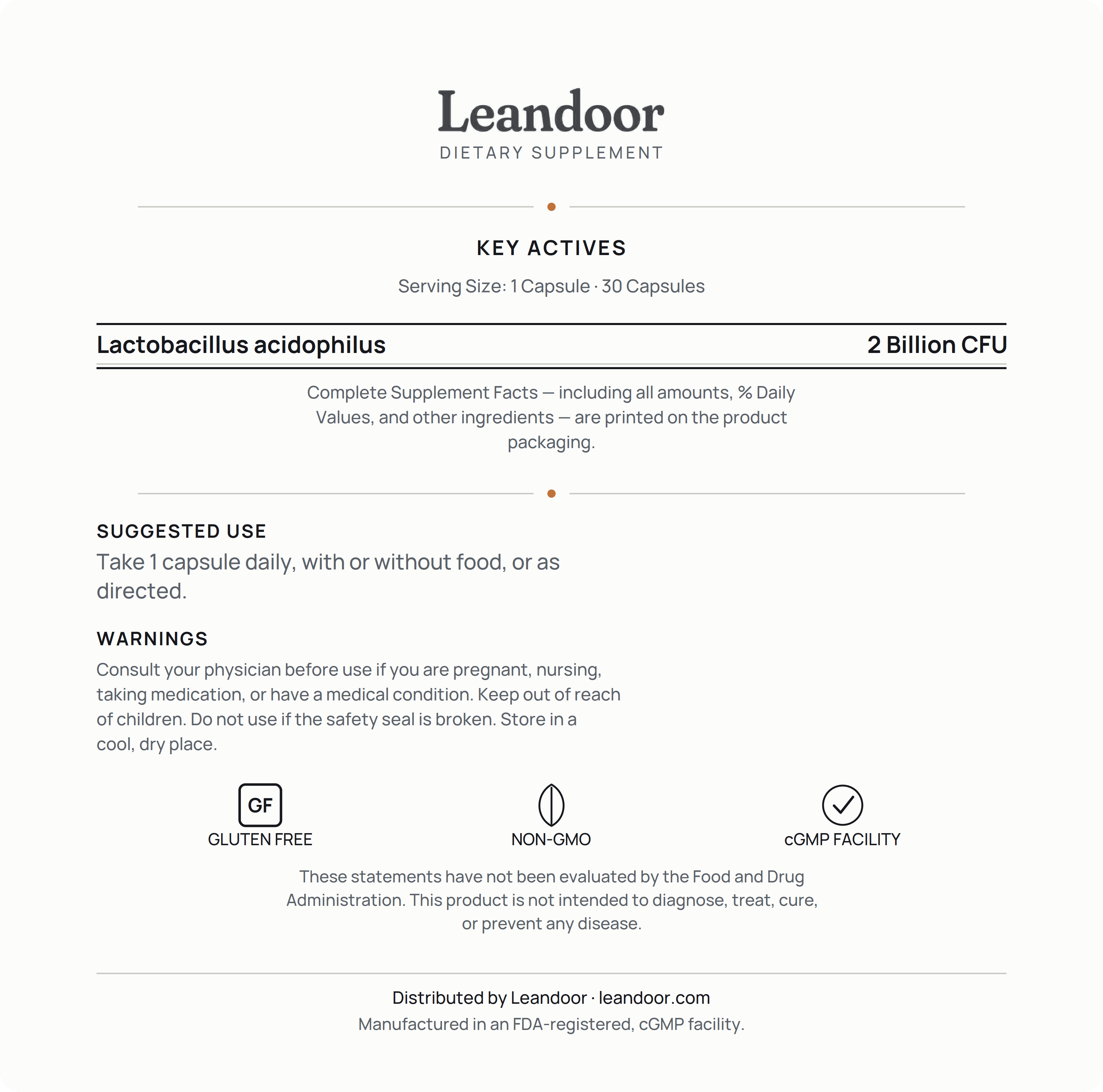 Leandoor Probiotic · 30 — back label