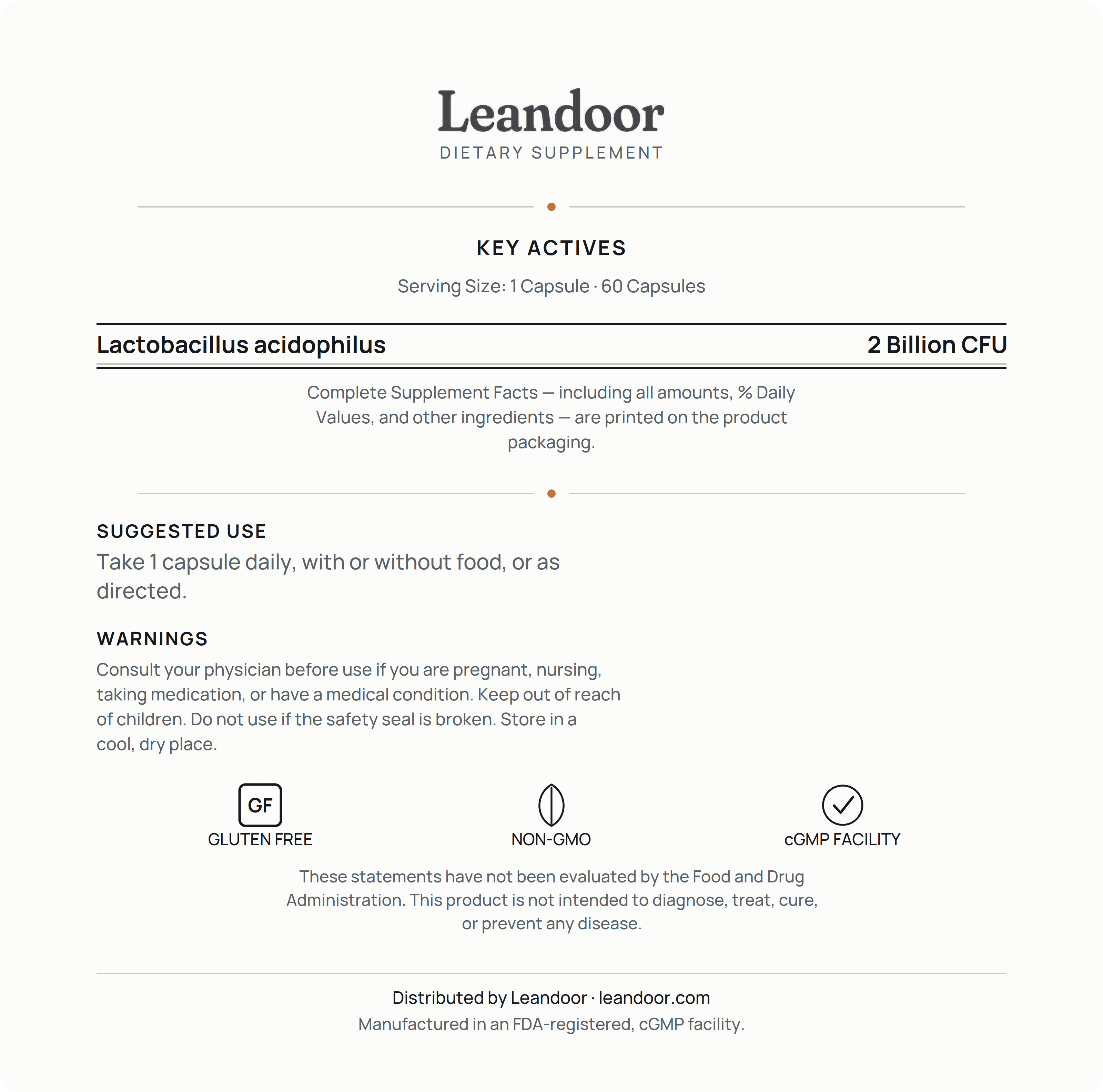 Leandoor Probiotic · 60 — back label