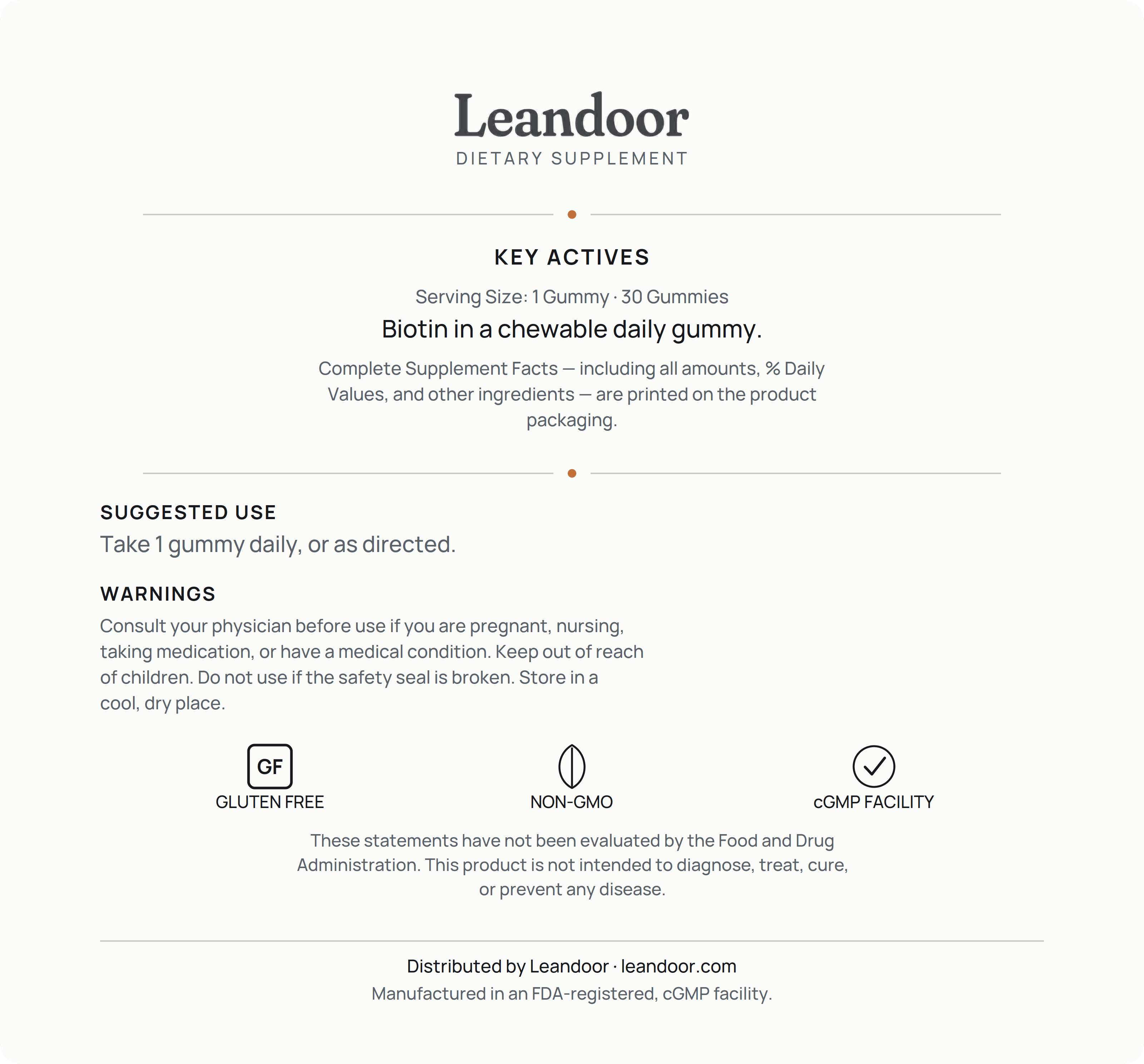 Leandoor Biotin Gummies · 30 — back label