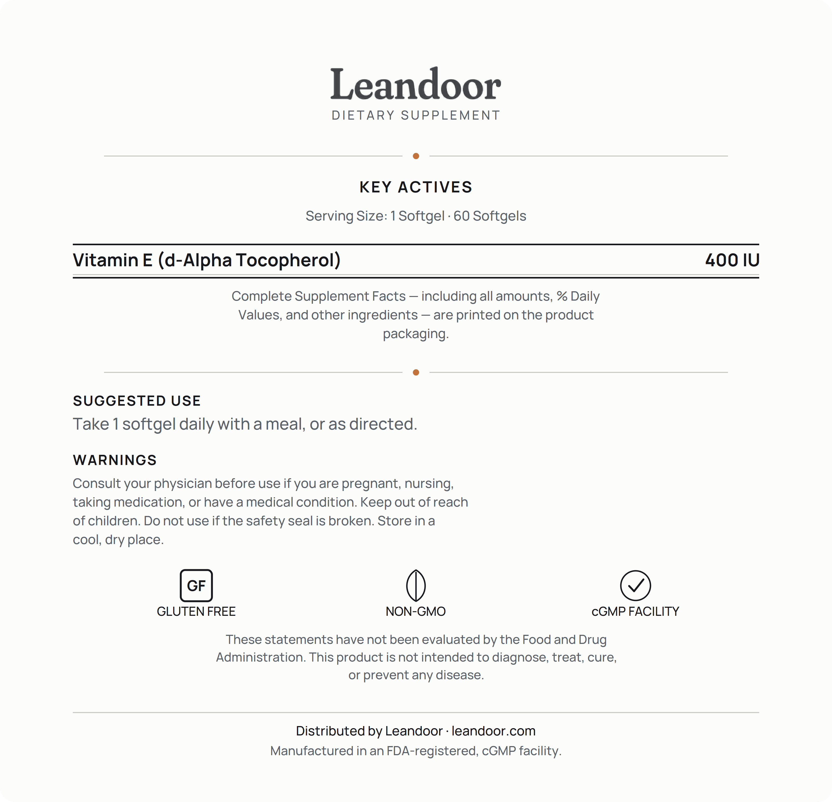 Leandoor Vitamin E · 60 — back label