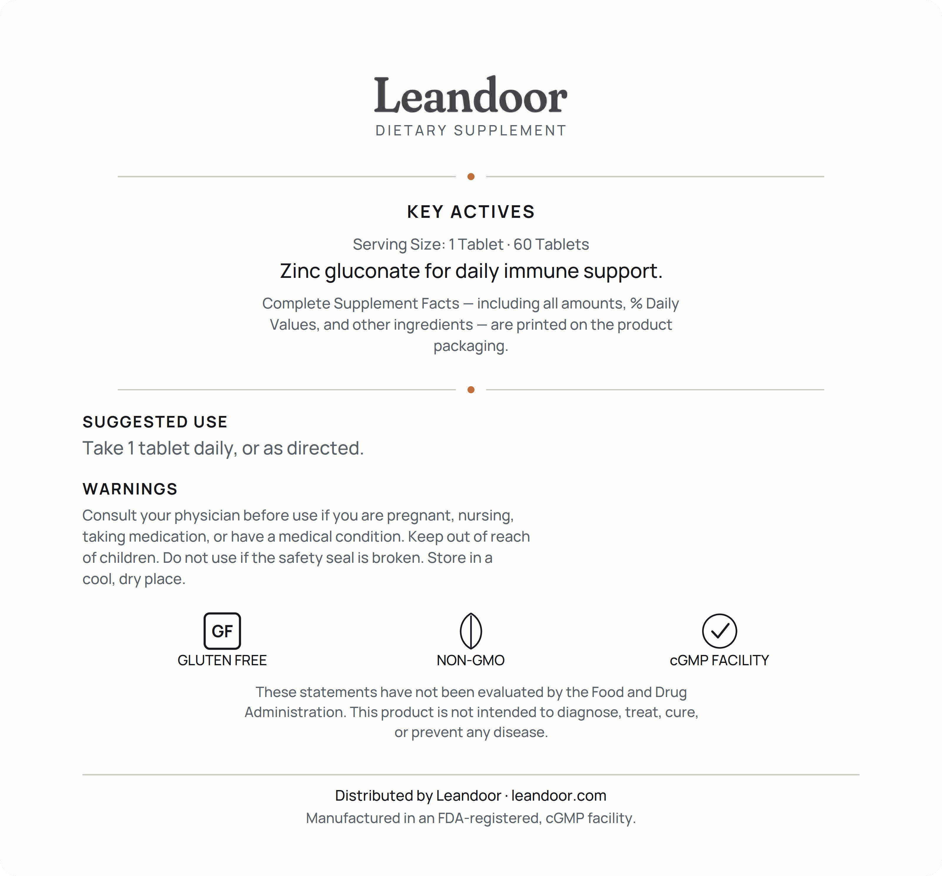 Leandoor Zinc · 60 — back label