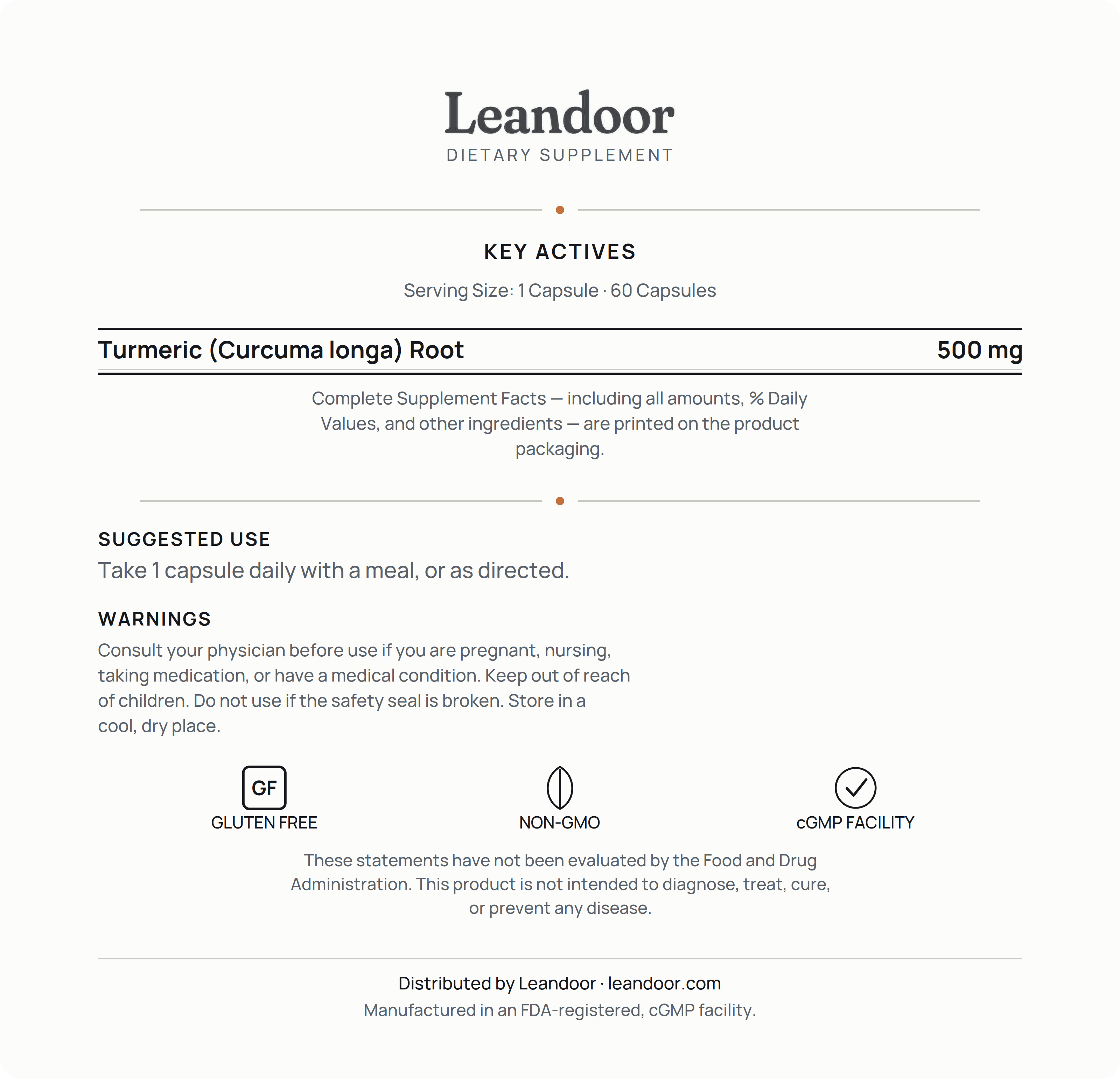 Leandoor Turmeric · 60 — back label