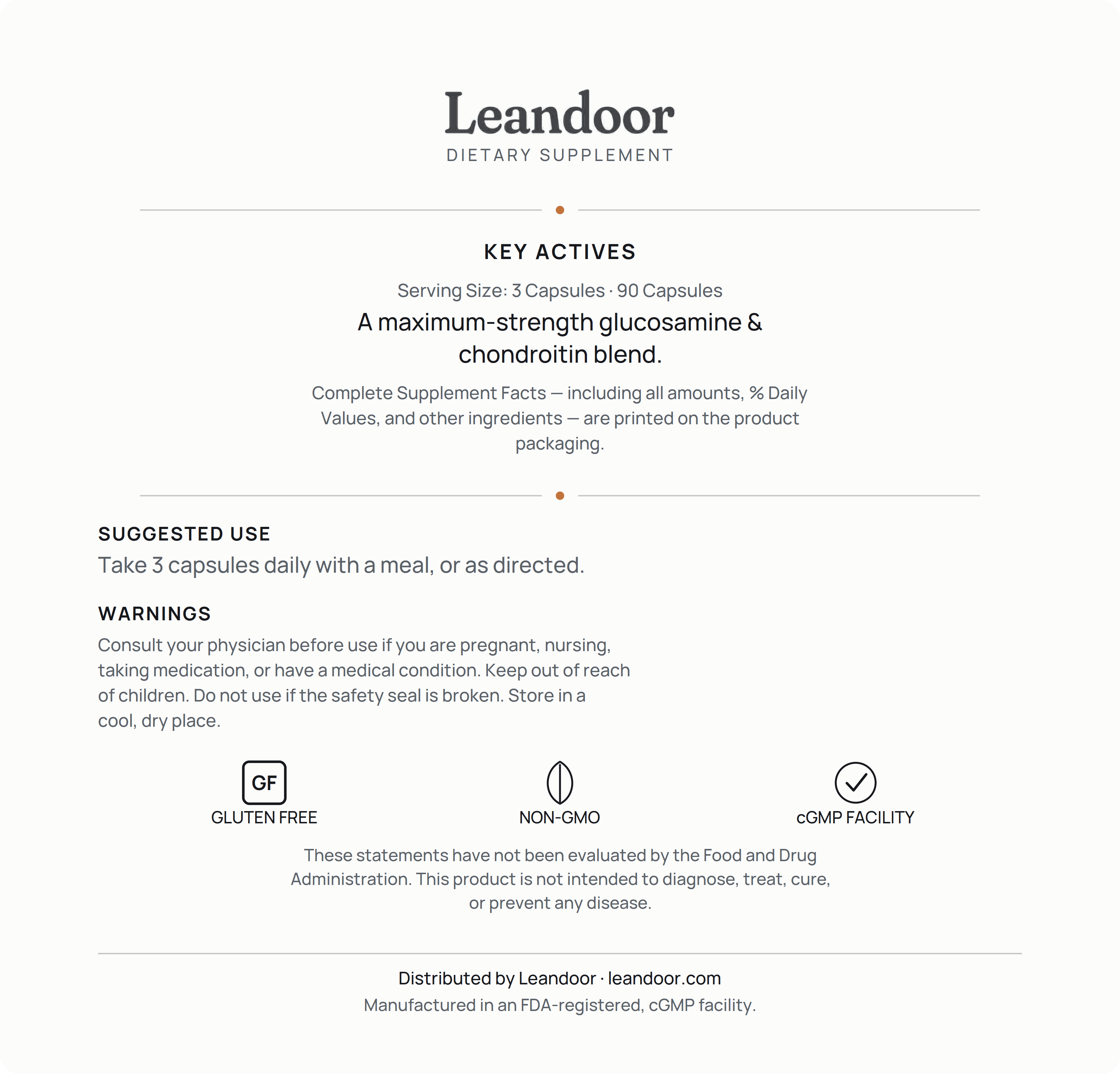 Leandoor Glucosamine & Chondroitin · 90 — back label