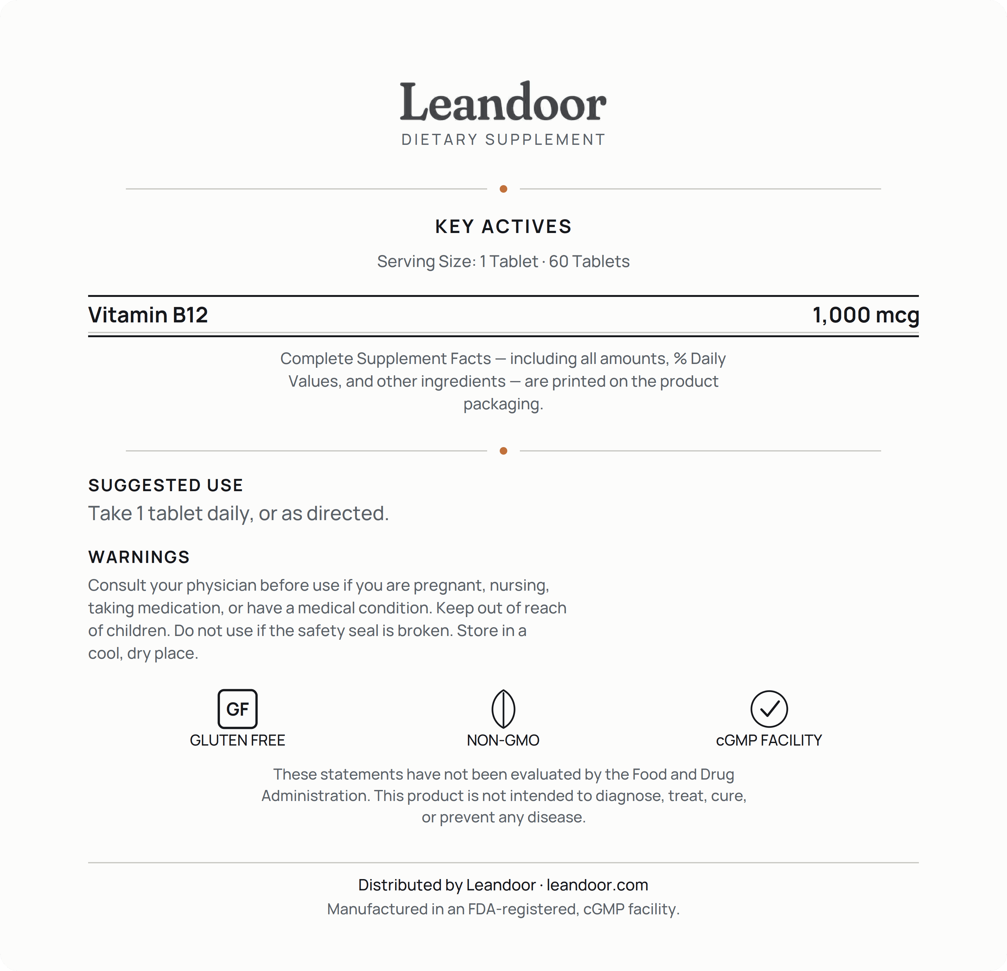 Leandoor Vitamin B12 · 60 — back label