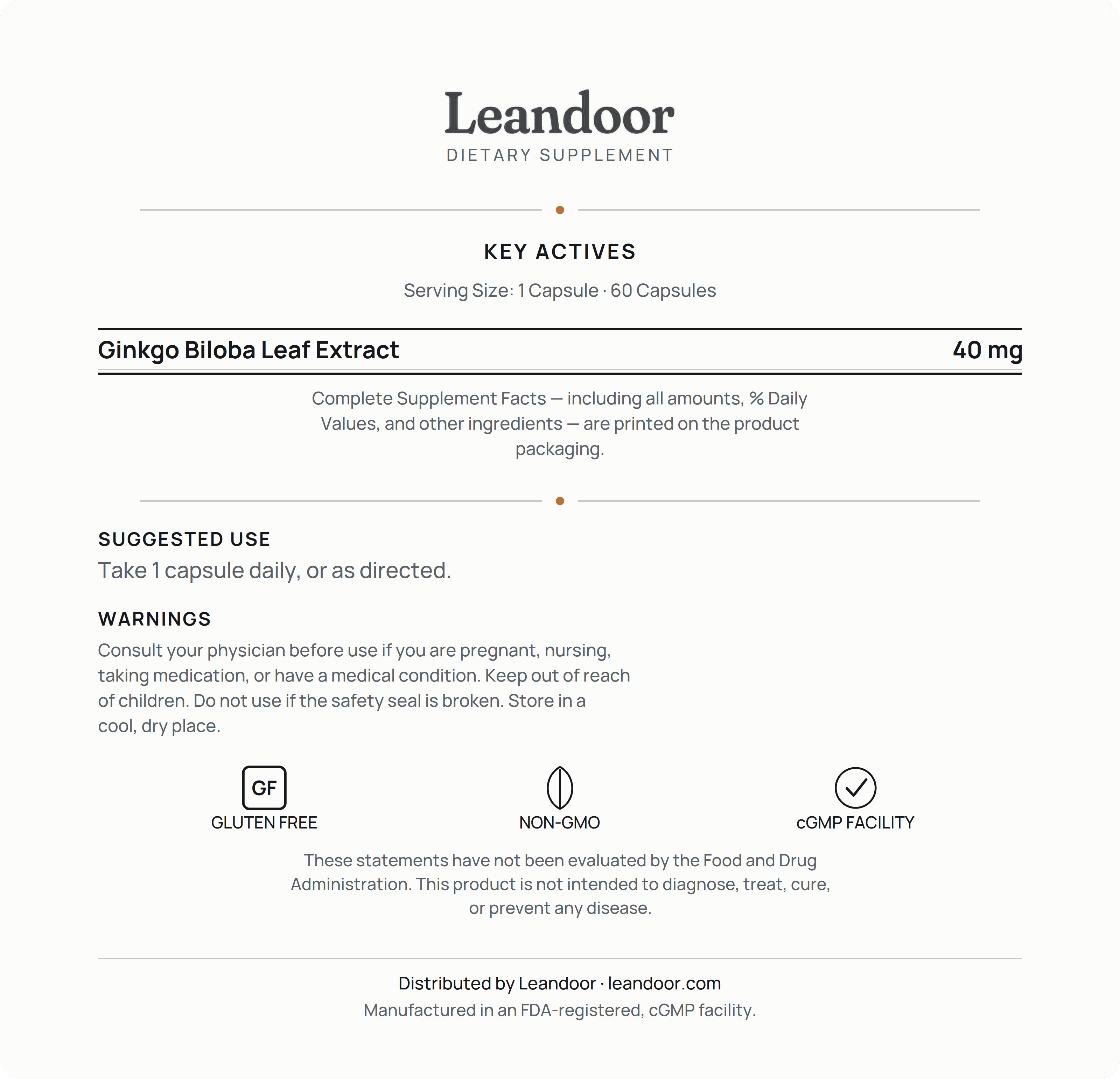 Leandoor Ginkgo Biloba · 60 — back label