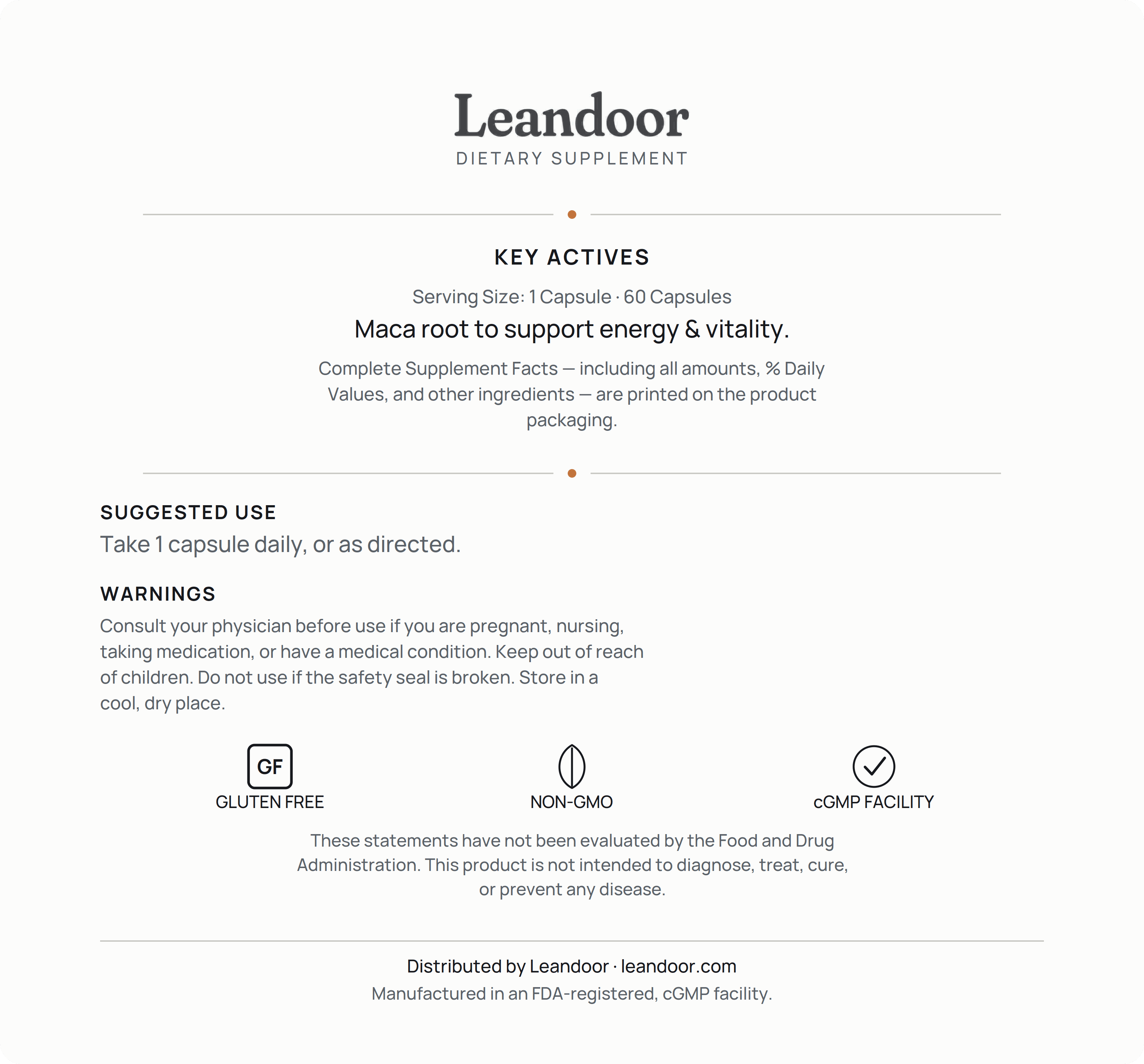 Leandoor Maca · 60 — back label
