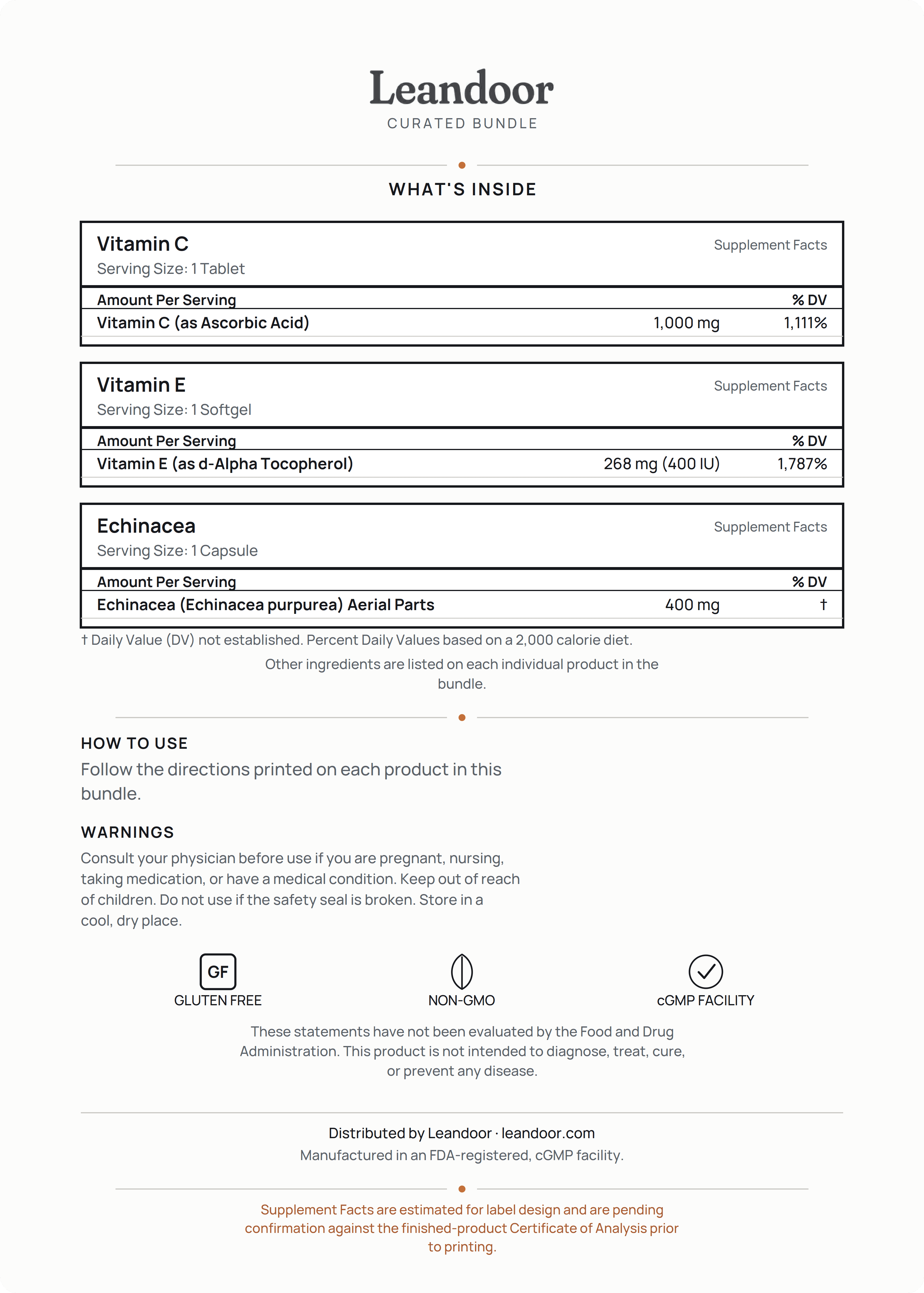 Antioxidant Defense  (Vit C + Vit E + Echinacea) — back label